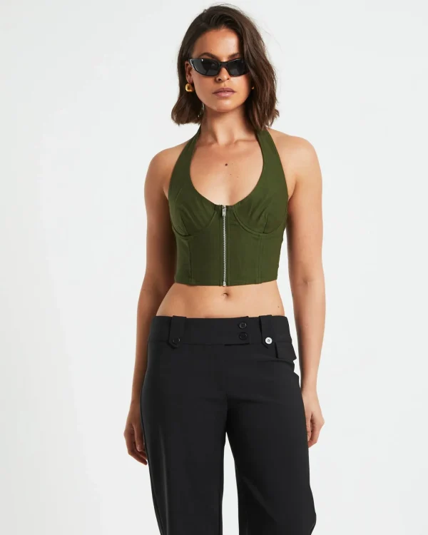 Outlet NEON HART Athena Zip Front Halter Neck Corset In Khaki Green