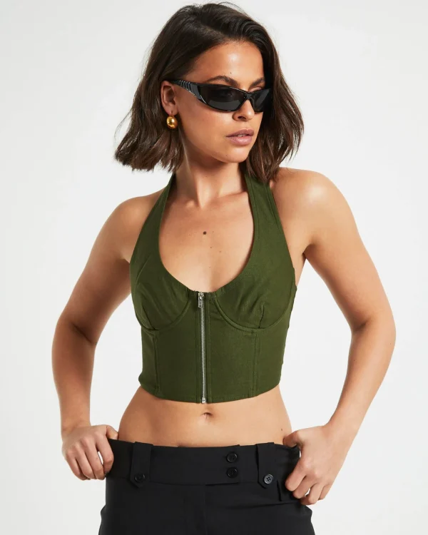 Outlet NEON HART Athena Zip Front Halter Neck Corset In Khaki Green