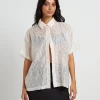 Sale ALICE IN THE EVE Avery Sheer Textured Short Sleeve Shirt In White