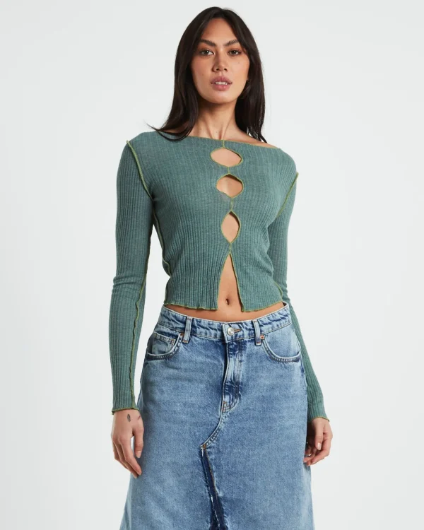 Cheap BDG URBAN OUTFITTERS Bdg Cut Out Long Sleeve Top Green