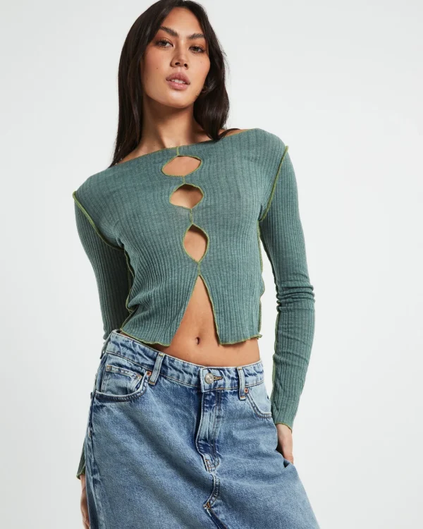 Cheap BDG URBAN OUTFITTERS Bdg Cut Out Long Sleeve Top Green
