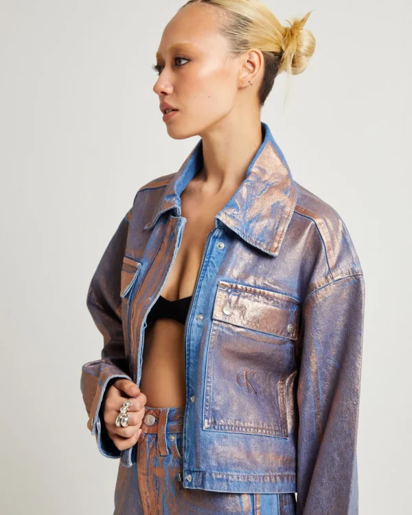 Flash Sale CALVIN KLEIN Cropped Metallic Denim Shirt Jacket