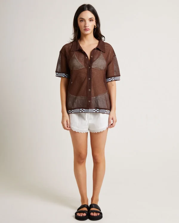 Cheap INSIGHT Dimension Crochet Short Sleeve Shirt In Chocolate