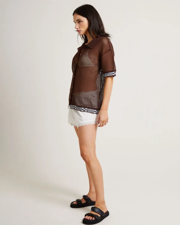 Cheap INSIGHT Dimension Crochet Short Sleeve Shirt In Chocolate