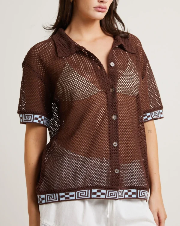 Cheap INSIGHT Dimension Crochet Short Sleeve Shirt In Chocolate
