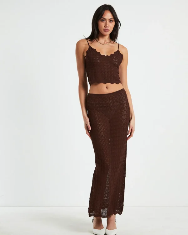 Shop ALICE IN THE EVE Eleanora Lace Knit Maxi Skirt Dark Chocolate Brown