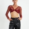 Hot ALICE IN THE EVE Emery Shimmer Mesh Long Sleeve Top Garnet Red
