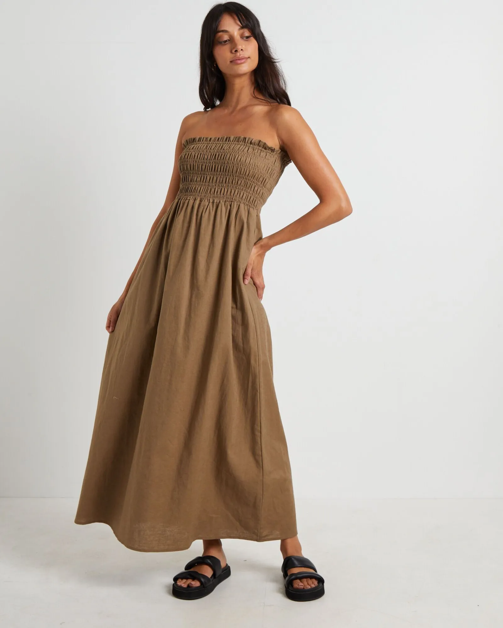esme_shirred_bandeau_maxi_0.webp Sale SUBTITLED Esme Shirred Bandeau Maxi Dress In Hazelnut Brown