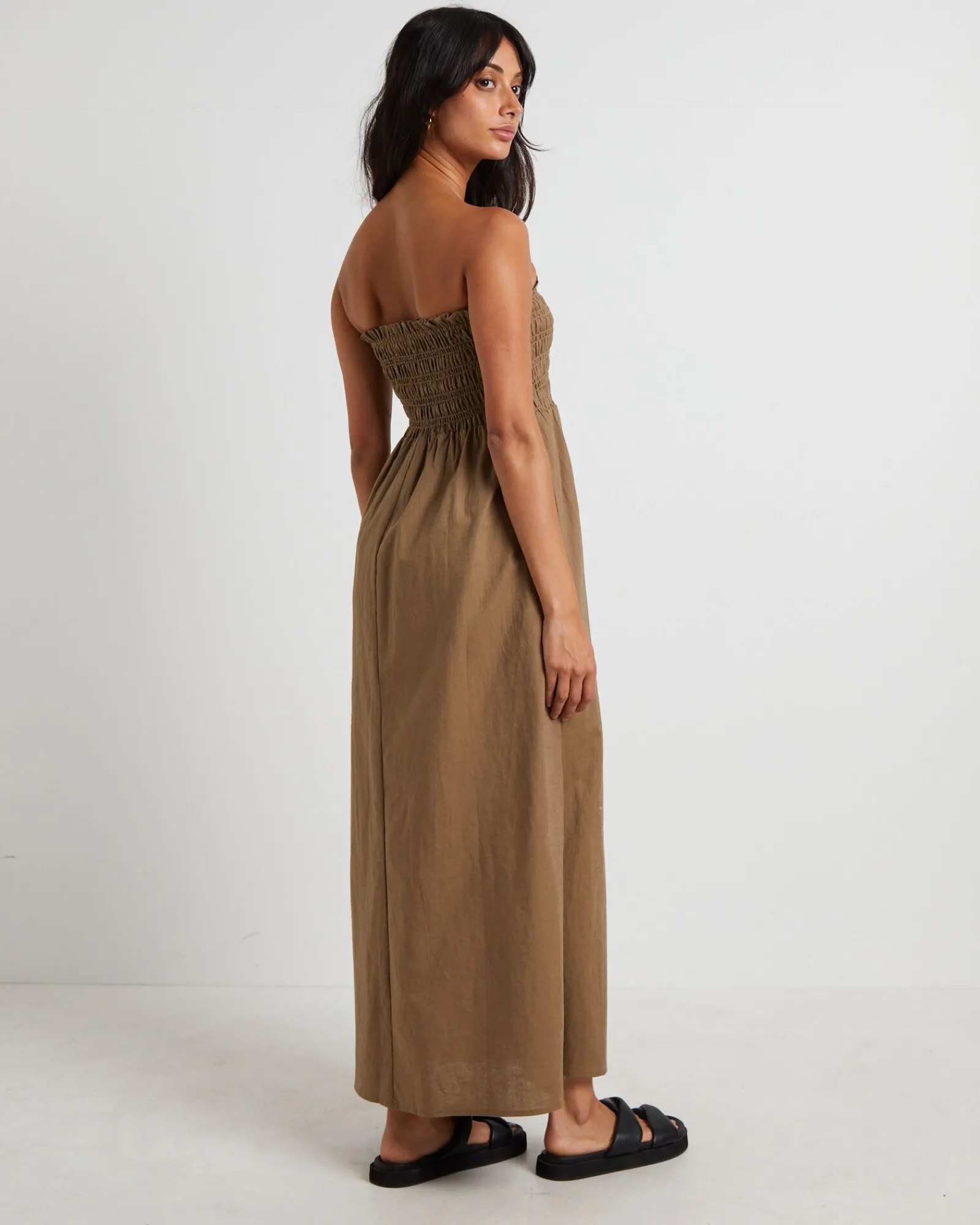 esme_shirred_bandeau_maxi_1.webp Sale SUBTITLED Esme Shirred Bandeau Maxi Dress In Hazelnut Brown