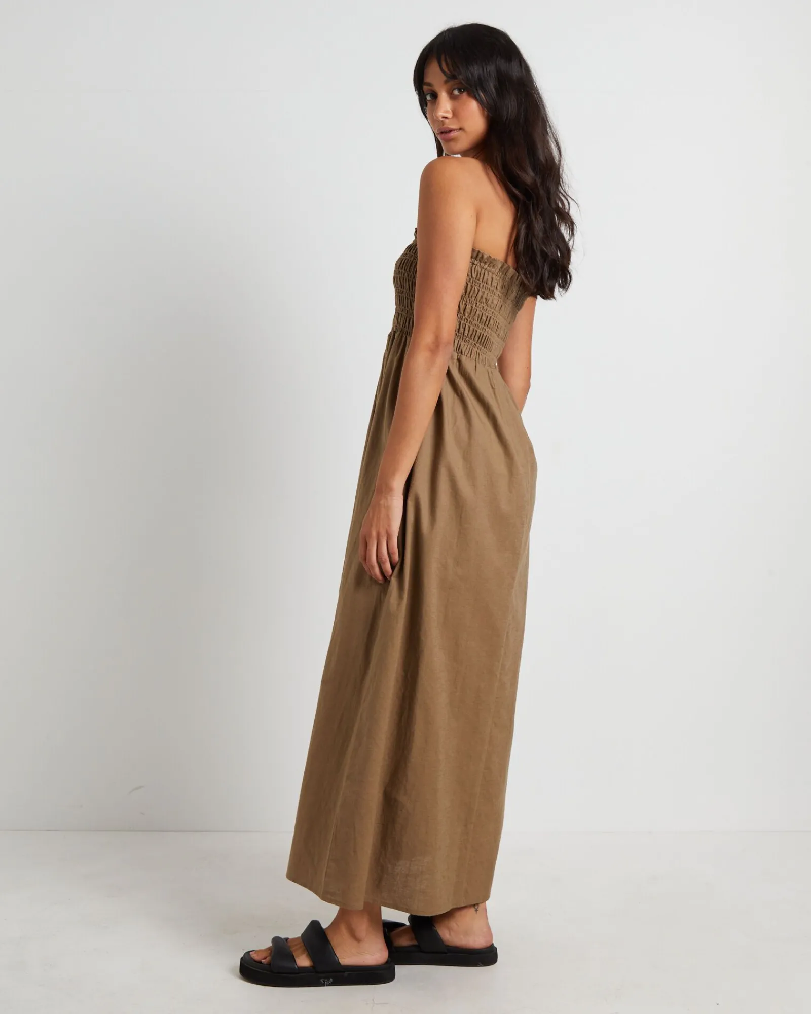 esme_shirred_bandeau_maxi_3.webp Sale SUBTITLED Esme Shirred Bandeau Maxi Dress In Hazelnut Brown