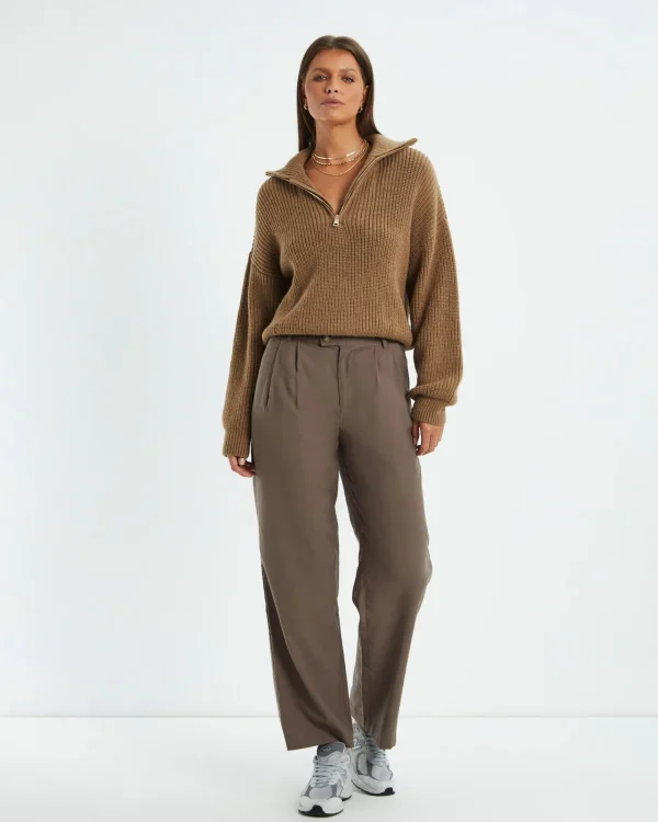 Fashion SUBTITLED Ezra Half Zip Knit Pull Over Hazelnut