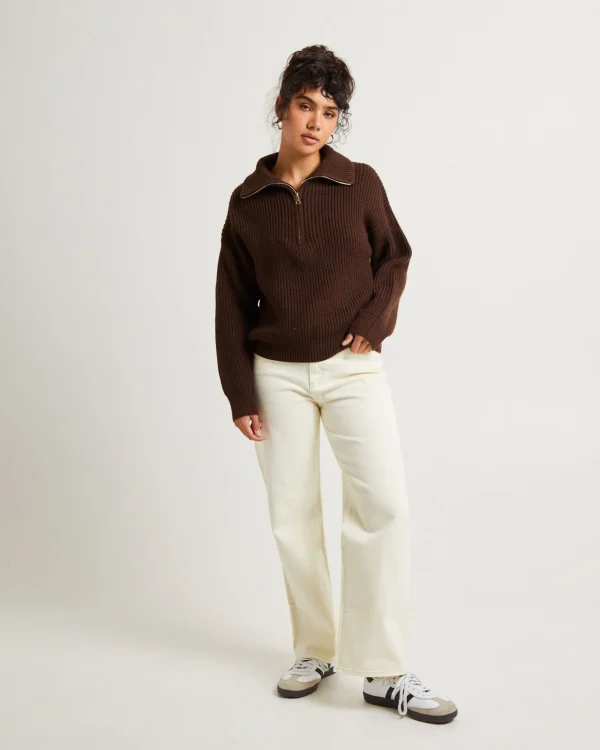 Cheap SUBTITLED Ezra Half Zip Knit Pull Over Chocolate Brown