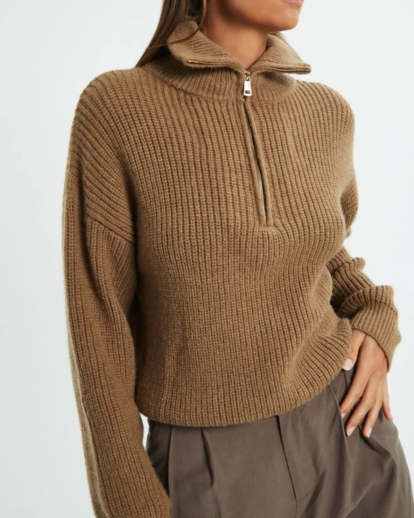 Fashion SUBTITLED Ezra Half Zip Knit Pull Over Hazelnut