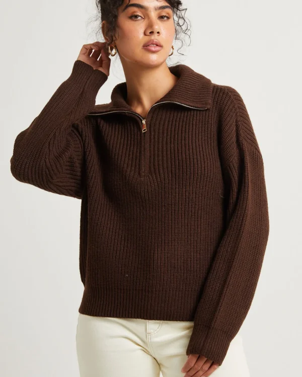 Cheap SUBTITLED Ezra Half Zip Knit Pull Over Chocolate Brown