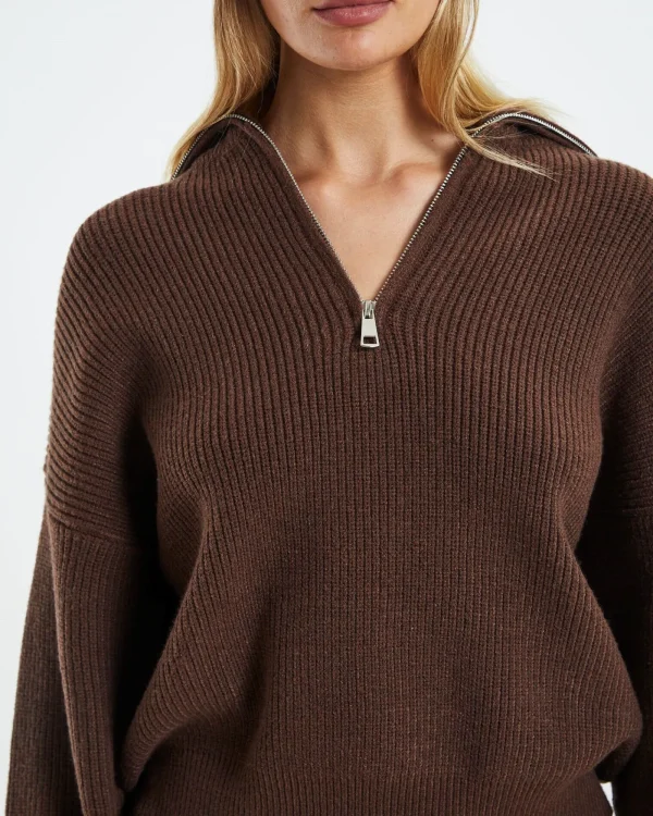 Cheap SUBTITLED Ezra Half Zip Knit Pull Over Chocolate Brown