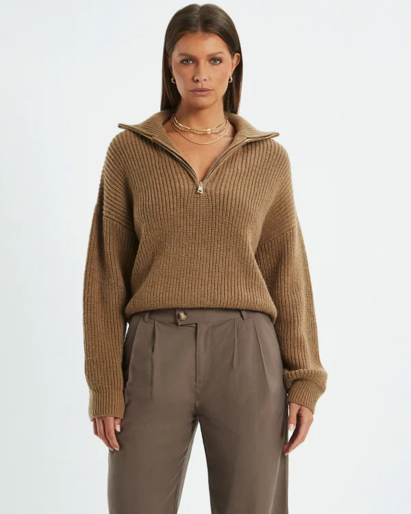 Fashion SUBTITLED Ezra Half Zip Knit Pull Over Hazelnut
