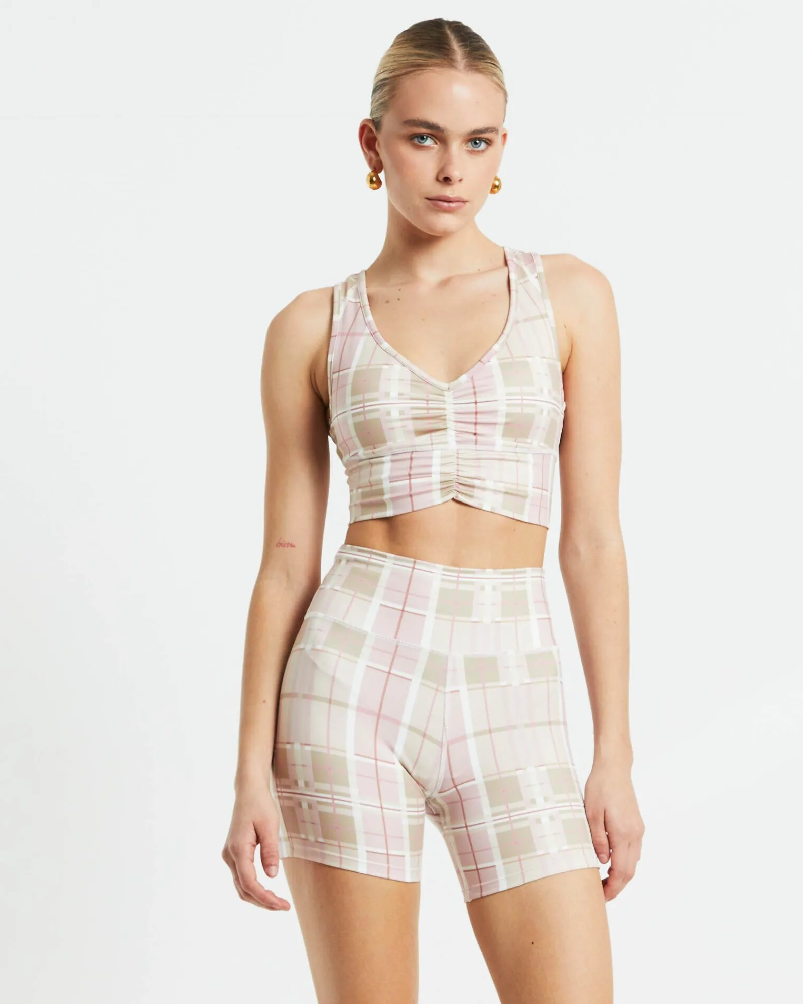 gather_front_crop_top_in__4.webp Sale SUBTITLED SPORTS CLUB Gather Front Crop Top In Pink Check