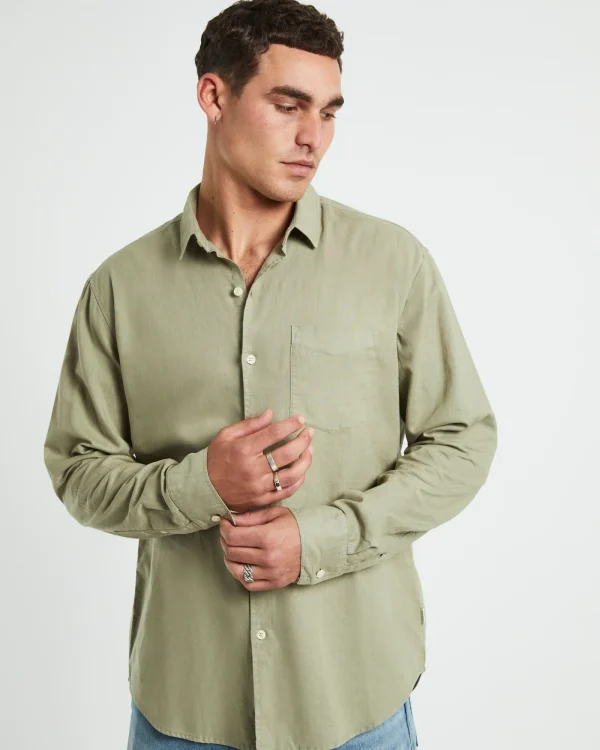Discount ARVUST Grover Long Sleeve Linen Shirt Moss
