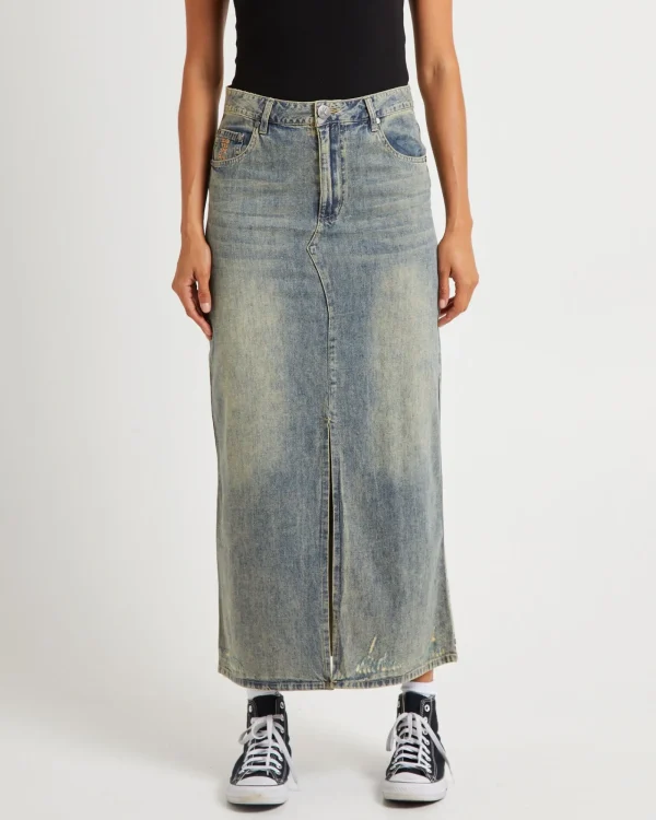 Discount ONE TEASPOON High Waisted Denim Column Skirt Dirty Blue