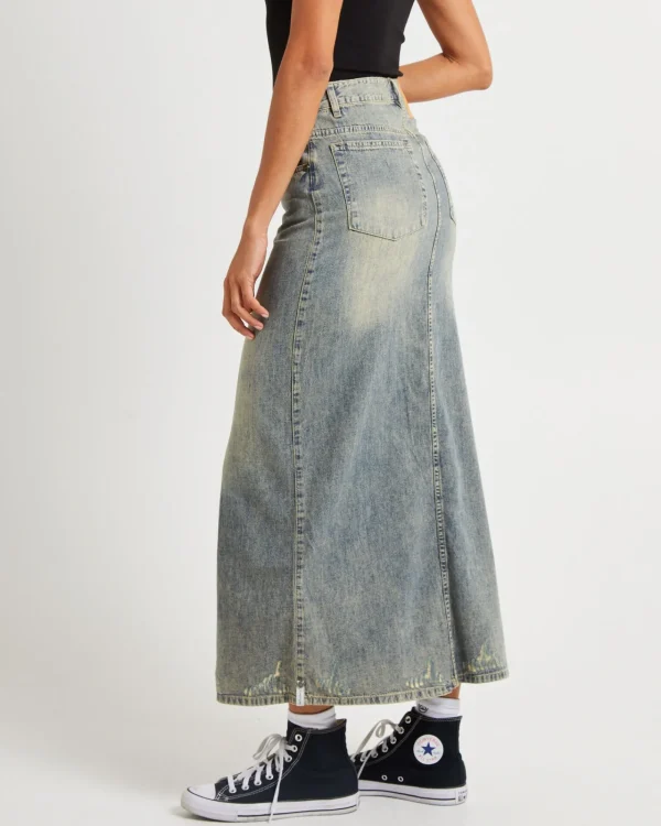 Discount ONE TEASPOON High Waisted Denim Column Skirt Dirty Blue