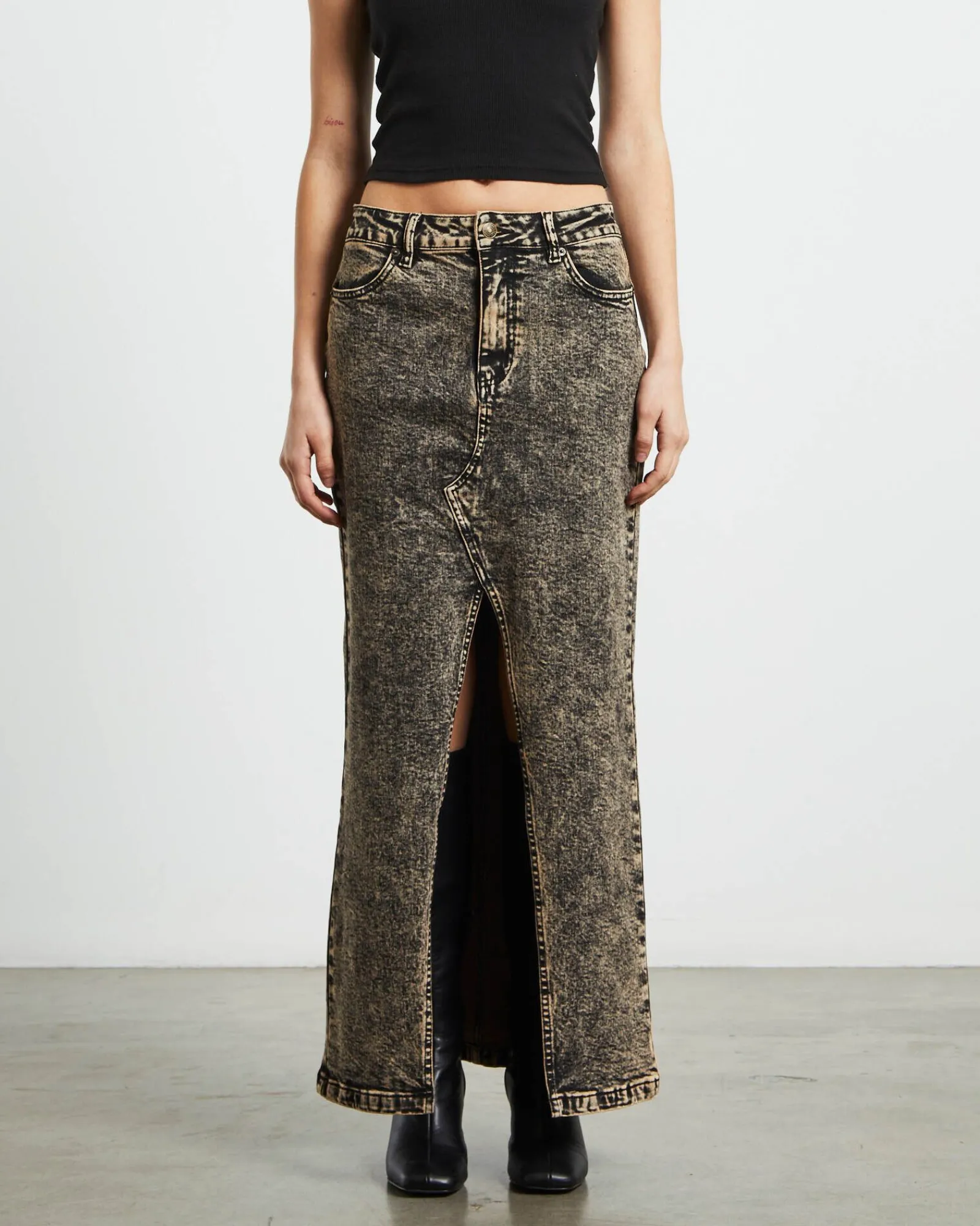 ines_panel_black_midi_den_0.webp Store NEON HART Ines Panel Black Midi Denim Skirt In Vintage Tint