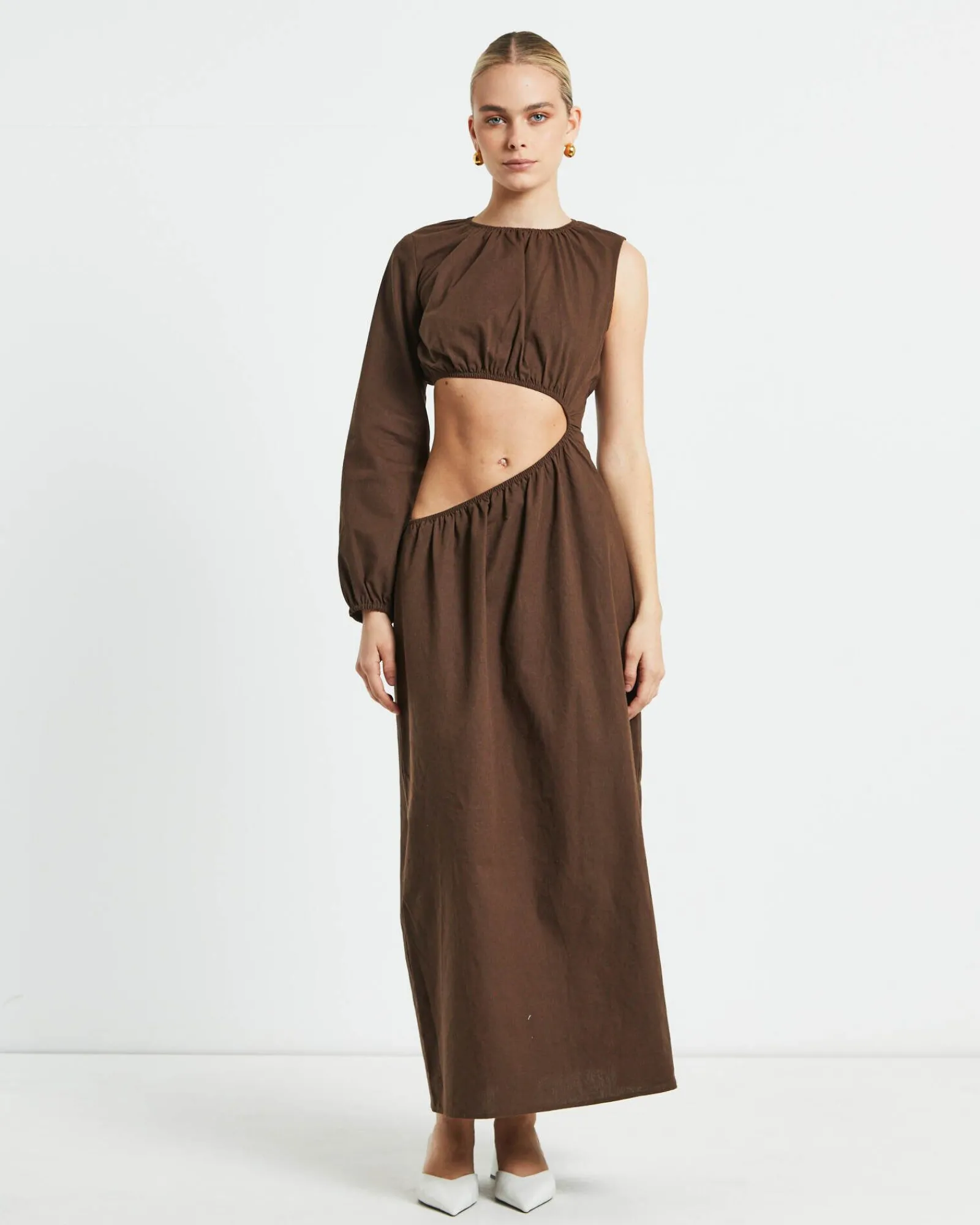 isobel_one_shoulder_cut_o_0.webp Clearance SUBTITLED Isobel One Shoulder Cut Out Midi Dress In Chocolate