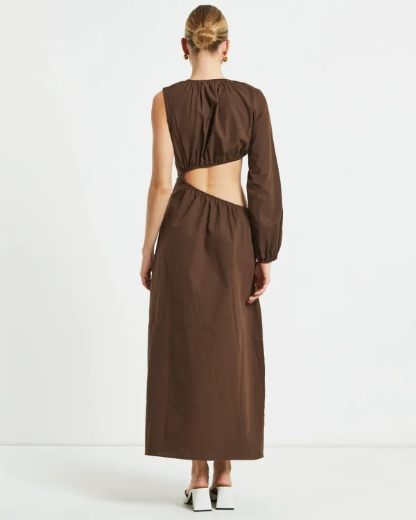 Clearance SUBTITLED Isobel One Shoulder Cut Out Midi Dress In Chocolate