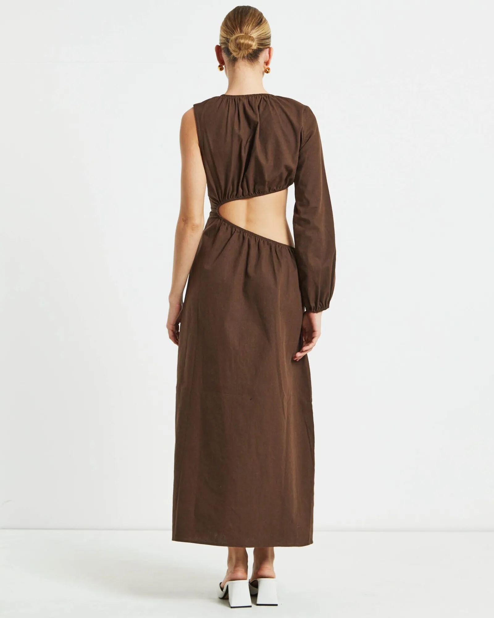 isobel_one_shoulder_cut_o_2.webp Clearance SUBTITLED Isobel One Shoulder Cut Out Midi Dress In Chocolate