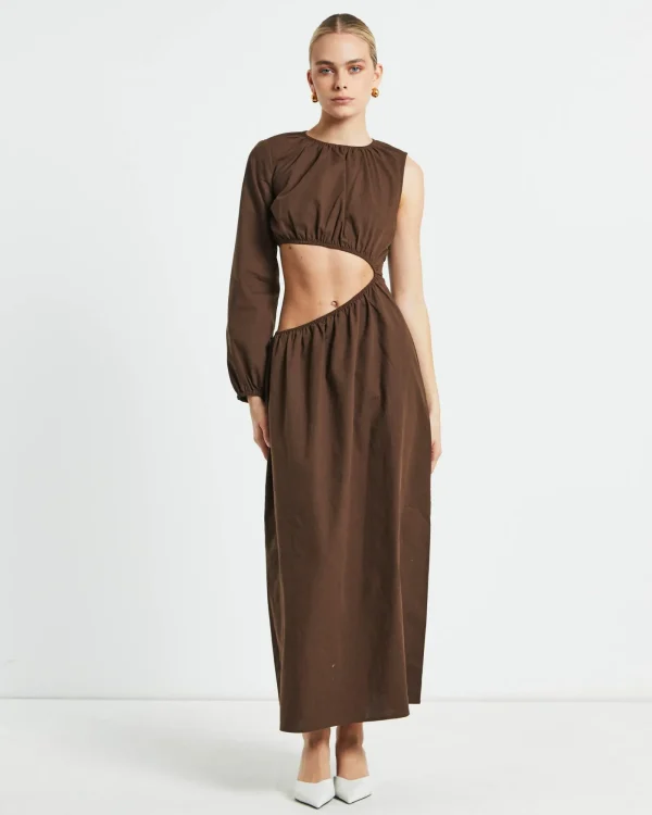 Clearance SUBTITLED Isobel One Shoulder Cut Out Midi Dress In Chocolate