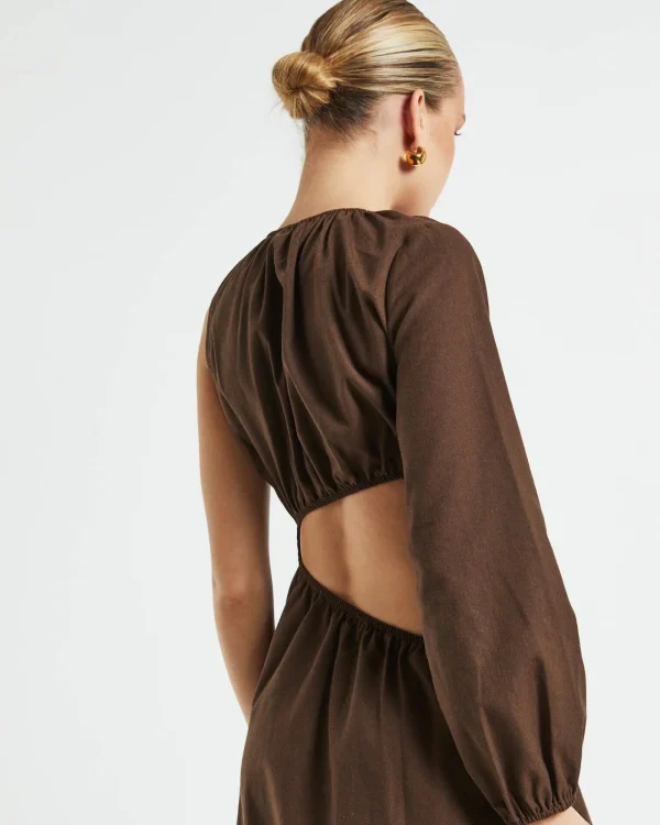 Clearance SUBTITLED Isobel One Shoulder Cut Out Midi Dress In Chocolate
