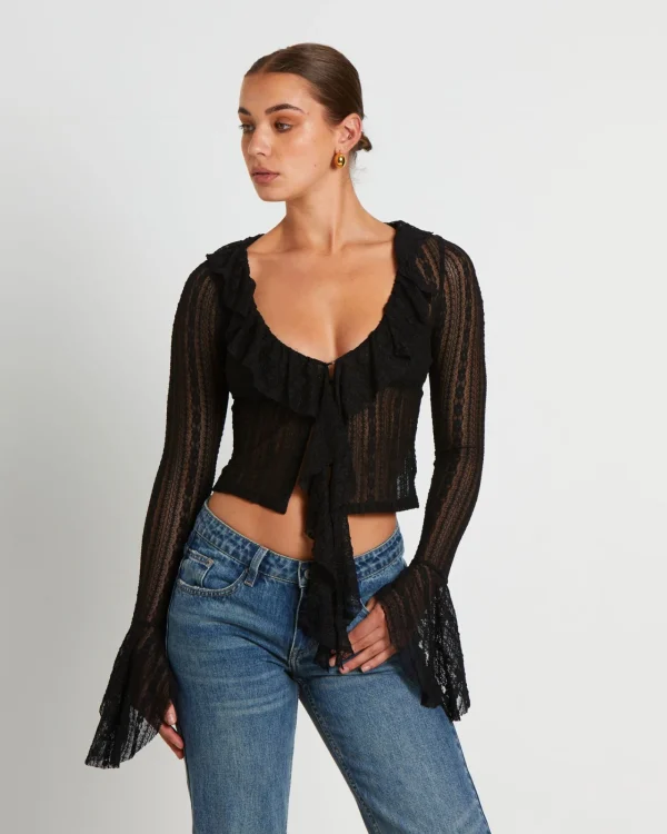 Shop NEON HART Janie Fairy Core Lace Plunge Shirt In Black