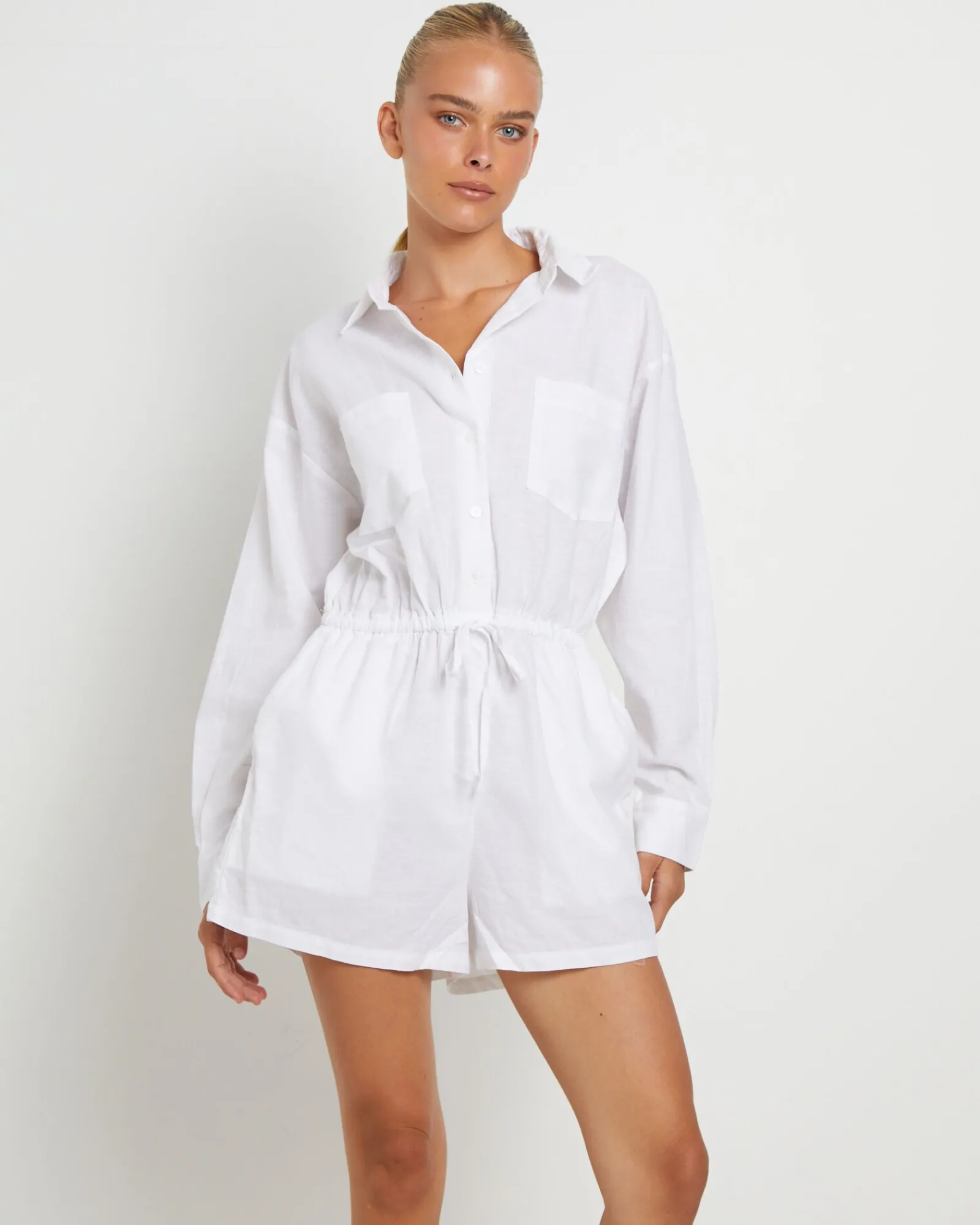 joslin_boxy_long_sleeve_s_0.webp Store SUBTITLED Joslin Boxy Long Sleeve Shirt Playsuit In White