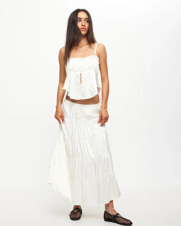 Hot LIONESS Keira Tiered Midi Skirt In Porcelain