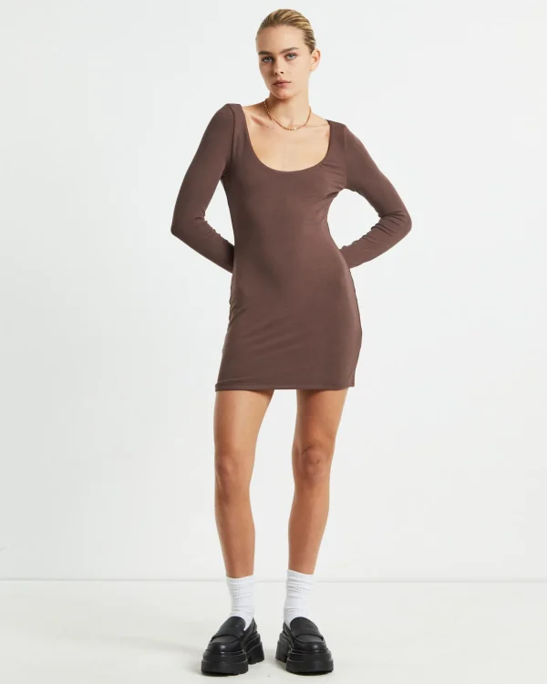 Store ALICE IN THE EVE Larissa Scoop Neck Long Sleeve Mini Dress Chocolate Brown
