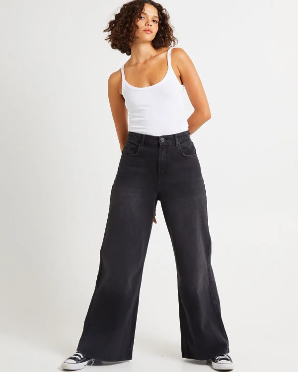 Clearance ONE TEASPOON Love Machines Mid Waist Super Wide Leg Denim Jeans Washed Black