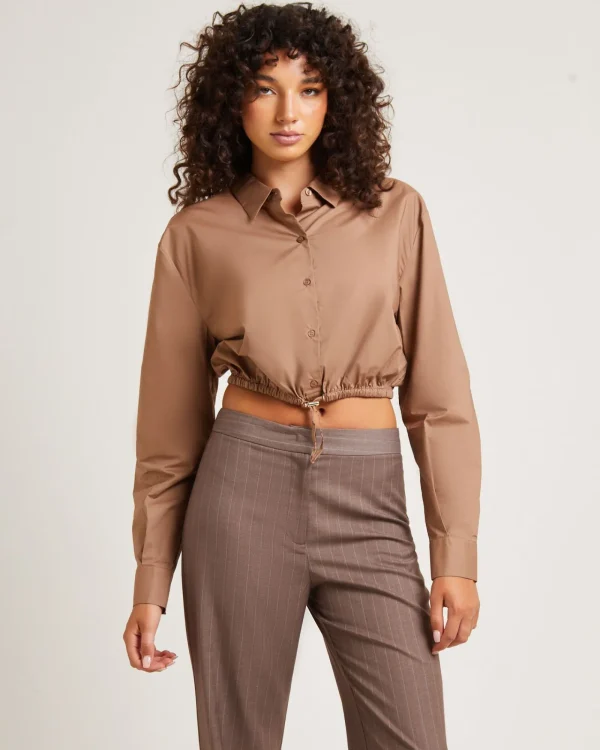 Discount ALICE IN THE EVE Lucy Drawstring Poplin Long Sleeve Shirt In Chocolate
