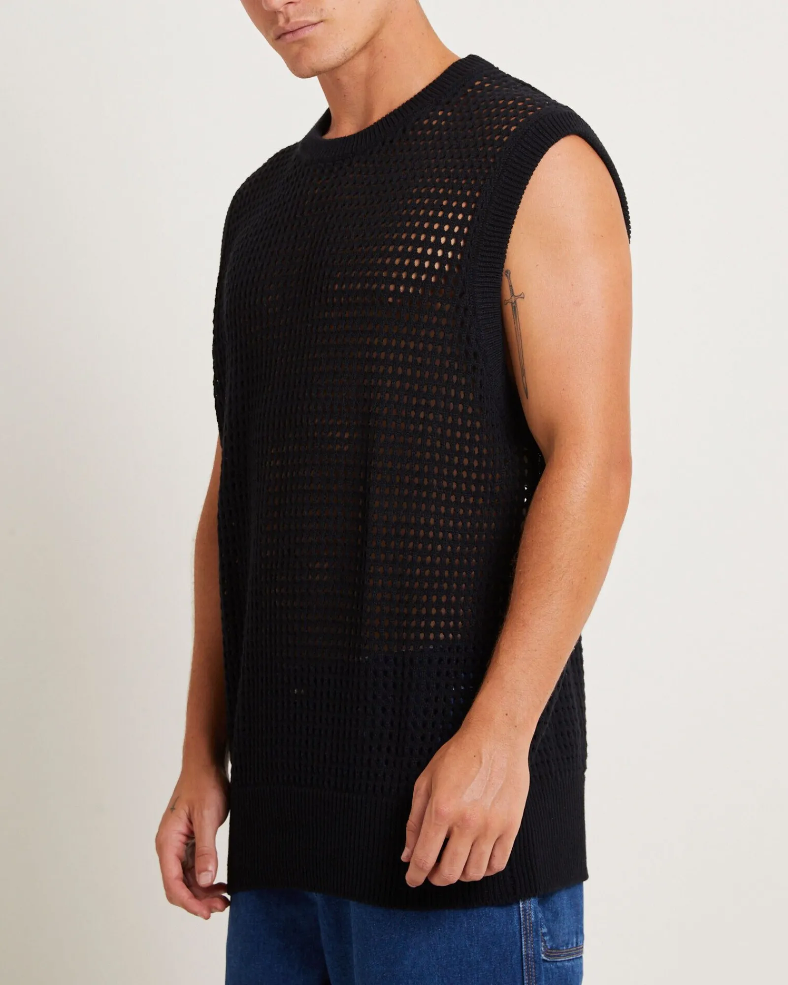 lydo_net_knit_vest_in_bla_4.webp Sale BLACK NOISE WHITE RAIN Lydo Net Knit Vest In Black