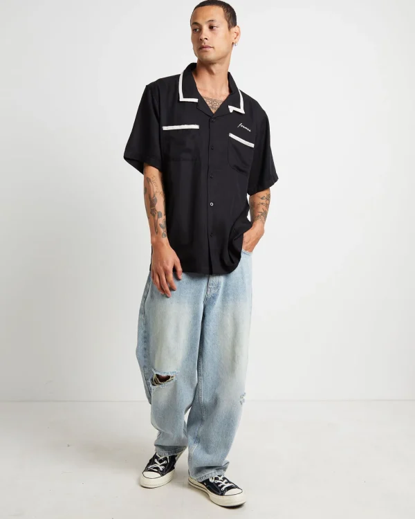 New FORMER Marilyn Faint Short Sleeve Shirt In Black Oyster
