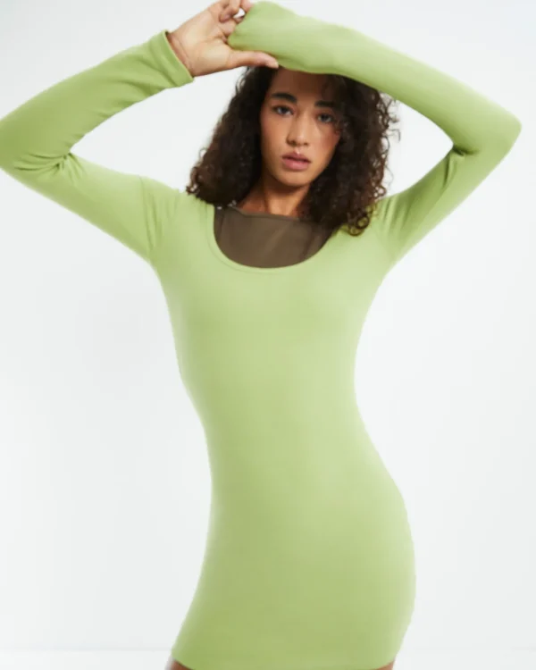 Best GENERAL PANTS CO. BASICS Open Neck Long Sleeve Dress Lime