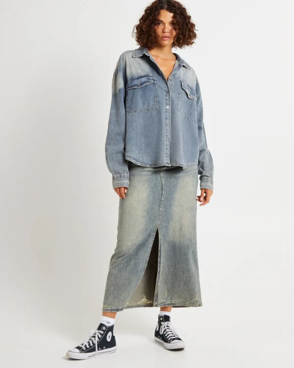 Cheap ONE TEASPOON Oversized Denim Western Shirt Dirty Blue