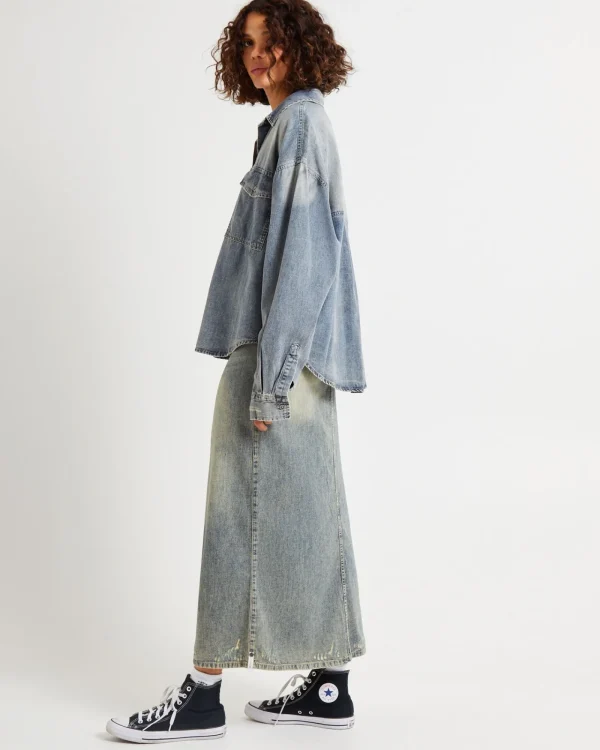 Cheap ONE TEASPOON Oversized Denim Western Shirt Dirty Blue