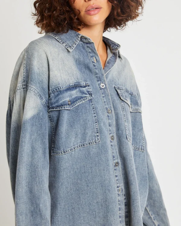 Cheap ONE TEASPOON Oversized Denim Western Shirt Dirty Blue