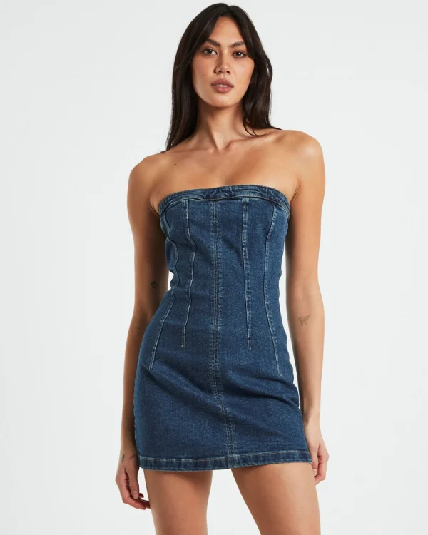 Best INSIGHT Pixie Corset Denim Mini Dress Grunge Blue