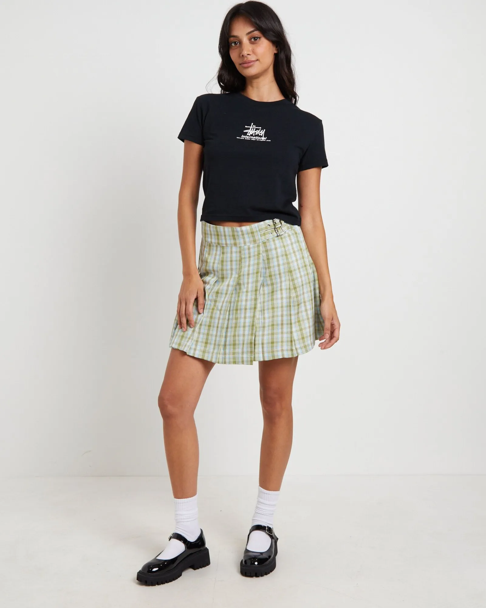 plaid_pleated_skirt_in_ar_2.webp Discount X GIRL Plaid Pleated Skirt In Army Green