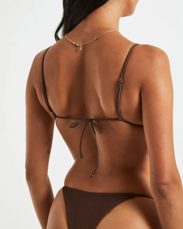 Sale SUBTITLED Rib Skinny Strap Triangle Bikini Top In Chocolate Brown