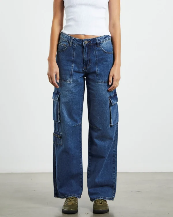 Hot ONE TEASPOON Rosewood Cargo Mid Waist Wide Leg Jeans Jackson Blue