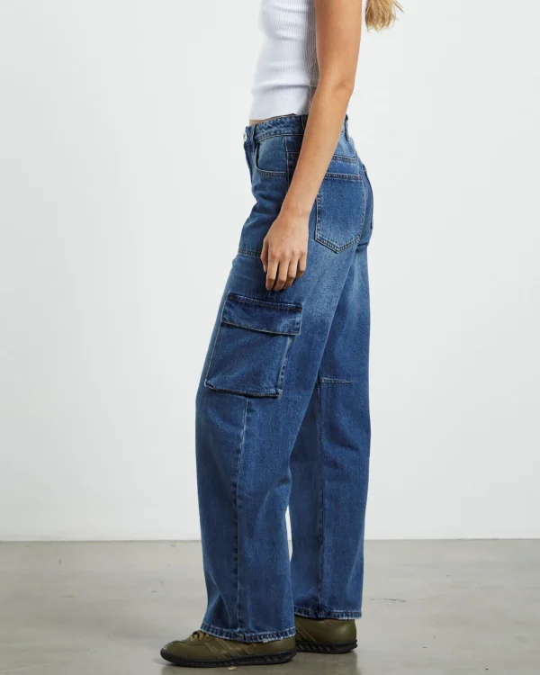 Hot ONE TEASPOON Rosewood Cargo Mid Waist Wide Leg Jeans Jackson Blue