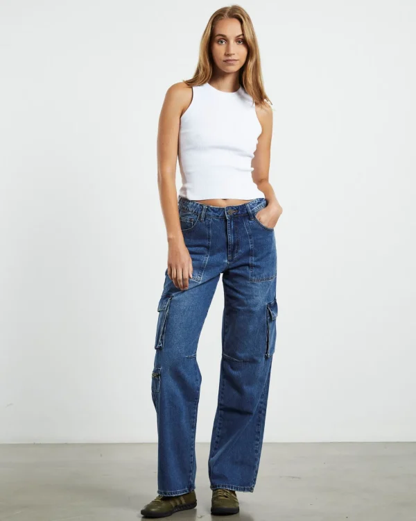 Hot ONE TEASPOON Rosewood Cargo Mid Waist Wide Leg Jeans Jackson Blue