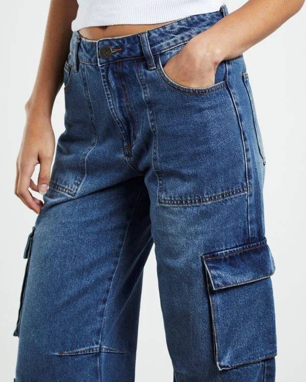 Hot ONE TEASPOON Rosewood Cargo Mid Waist Wide Leg Jeans Jackson Blue