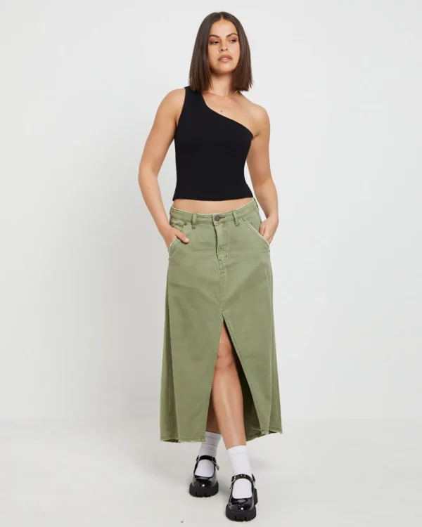 Sale ONE TEASPOON St Khaki Mrs Carter Long Denim Skirt In Green